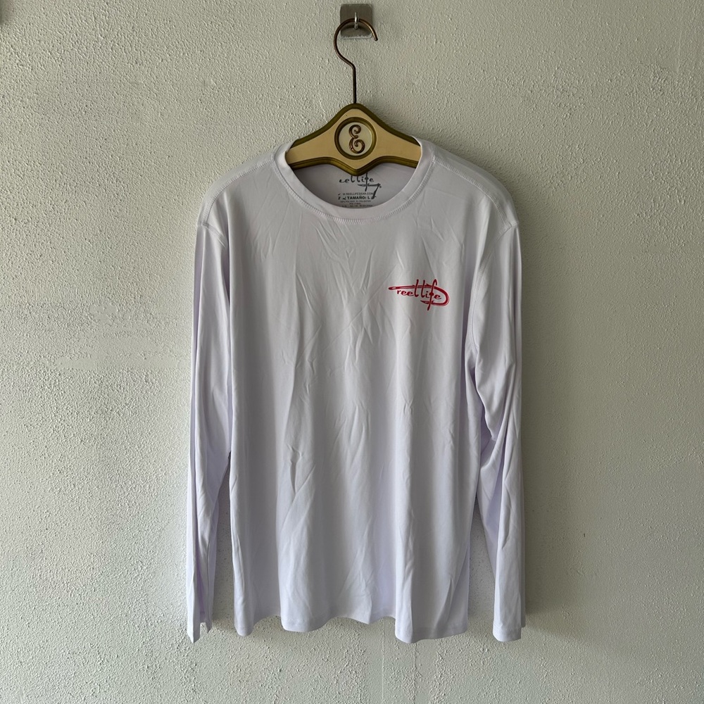 Reel Life White Long Sleeve Fishing Tee with Red Logo
